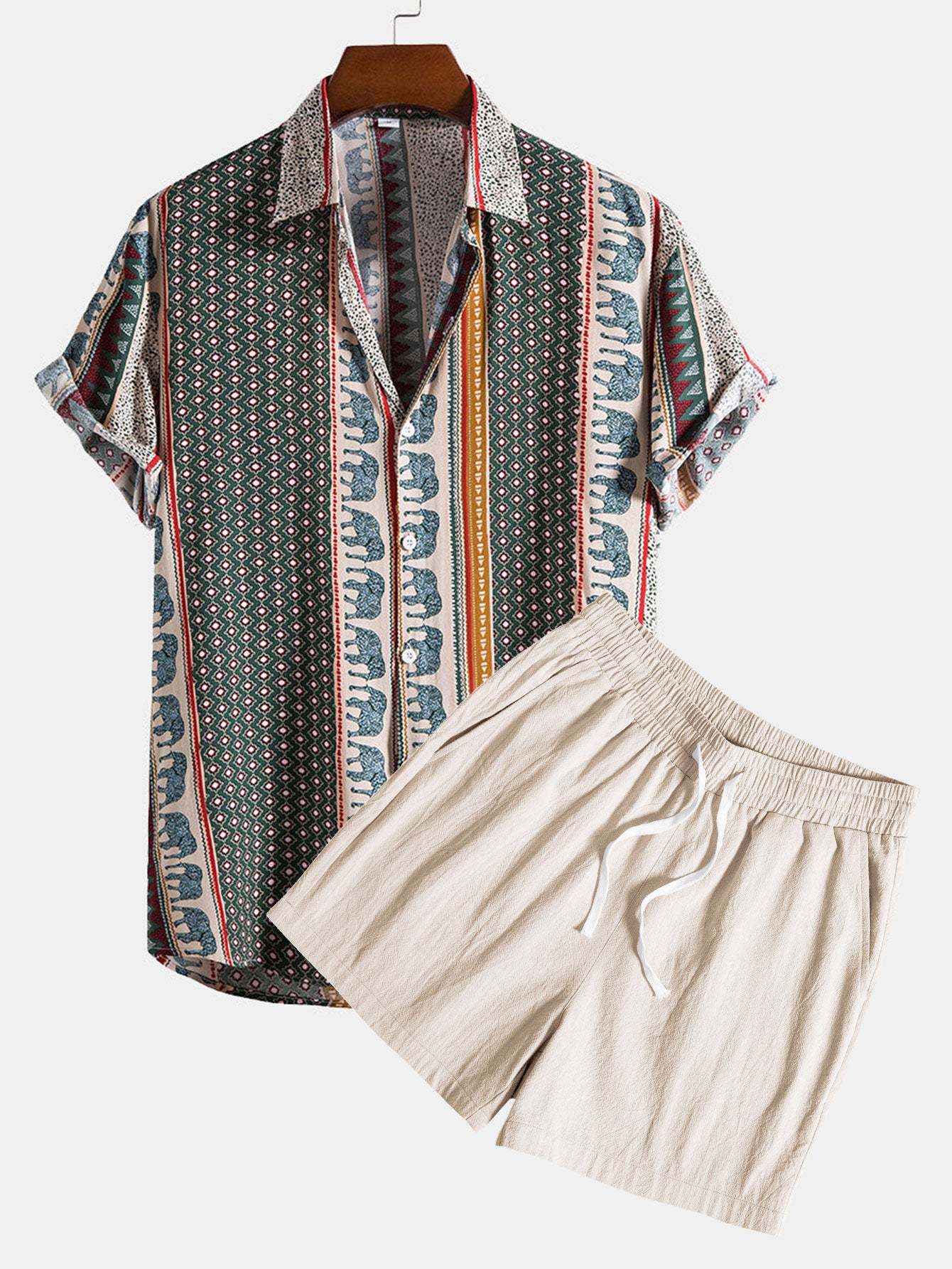Elephant Geometric Print Shirt & Textured Cotton 5" Shorts-Mitchell Shoes