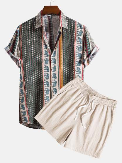 Elephant Geometric Print Shirt & Textured Cotton 5" Shorts-Mitchell Shoes