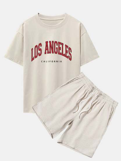 Los Angeles Print Drop Shoulder Oversize T-Shirt & Corduroy Shorts-Mitchell Shoes