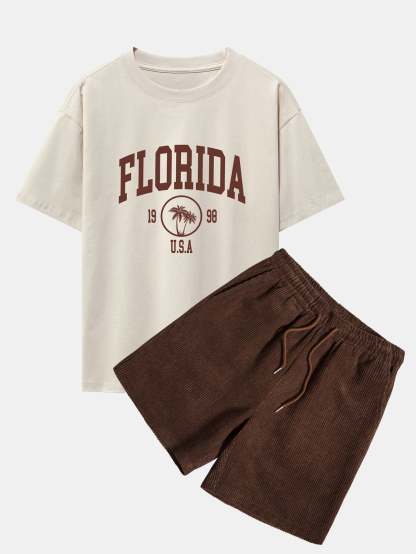 Florida Palm Tree Print Heavy Weight Oversize T-Shirt & Corduroy Shorts-Mitchell Shoes