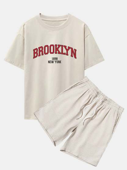 Brooklyn Print Drop Shoulder Oversize T-Shirt & Corduroy Shorts-Mitchell Shoes