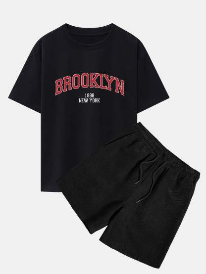 Brooklyn Print Drop Shoulder Oversize T-Shirt & Corduroy Shorts-Mitchell Shoes