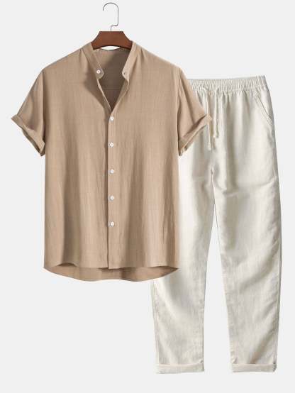Linen And Rayon Blend Stand Collar Shirt & Straight Leg Linen Pants-Mitchell Shoes