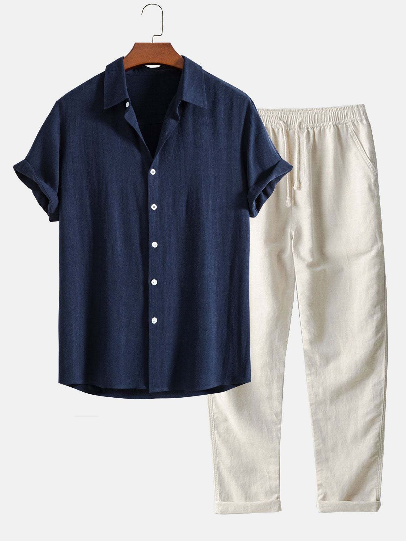 Linen Rayon Blend Button Up Shirt & Straight Leg Linen Pants-Mitchell Shoes