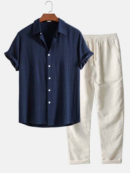 Linen Rayon Blend Button Up Shirt & Straight Leg Linen Pants-Mitchell Shoes