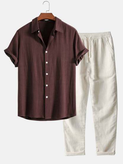 Linen Rayon Blend Button Up Shirt & Straight Leg Linen Pants-Mitchell Shoes