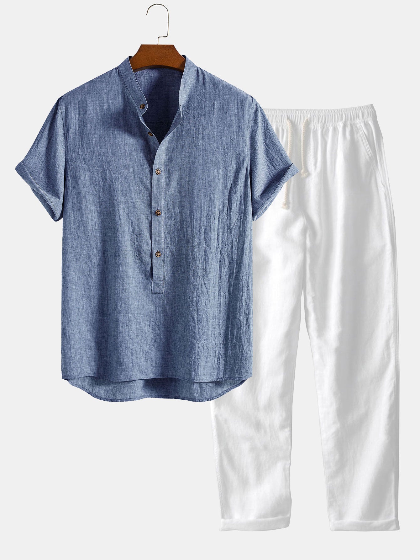 Short Sleeve Half Button Fly Henley Collar Shirt & Straight Leg Linen Pants-Mitchell Shoes