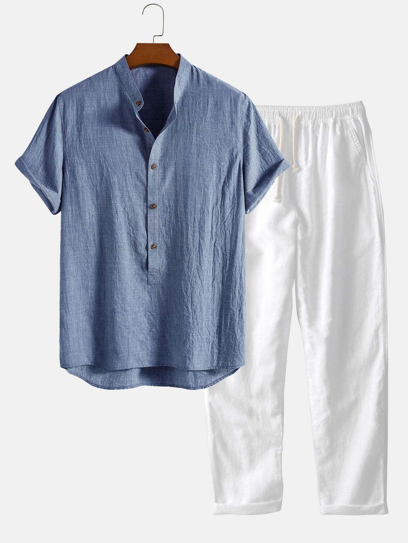 Short Sleeve Half Button Fly Henley Collar Shirt & Straight Leg Linen Pants-Mitchell Shoes
