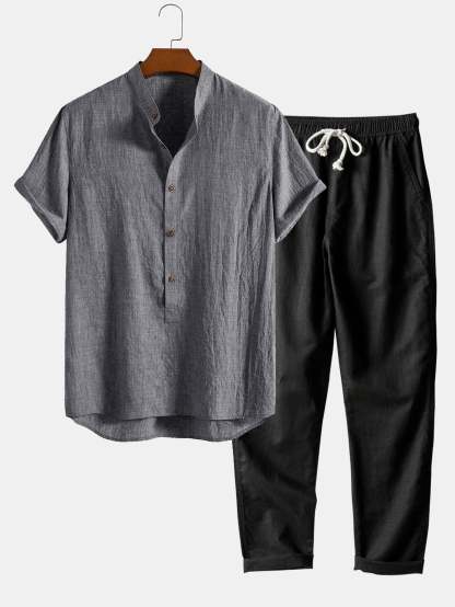 Short Sleeve Half Button Fly Henley Collar Shirt & Straight Leg Linen Pants-Mitchell Shoes
