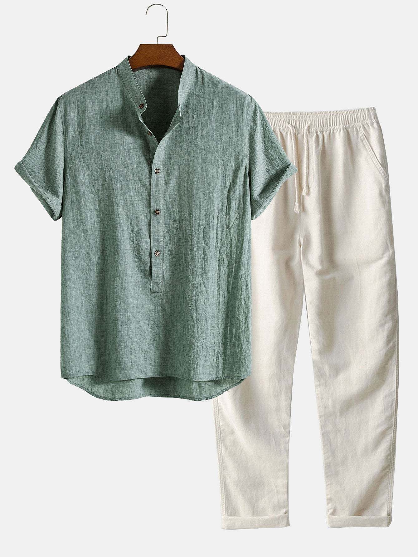 Short Sleeve Half Button Fly Henley Collar Shirt & Straight Leg Linen Pants-Mitchell Shoes