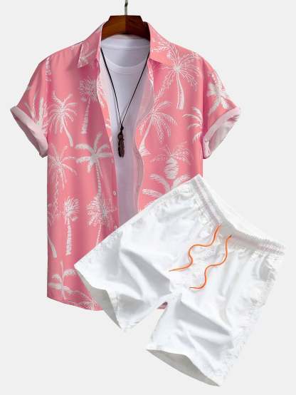 Palm Tree Print Button Up Shirt & Swim Shorts-Mitchell Shoes