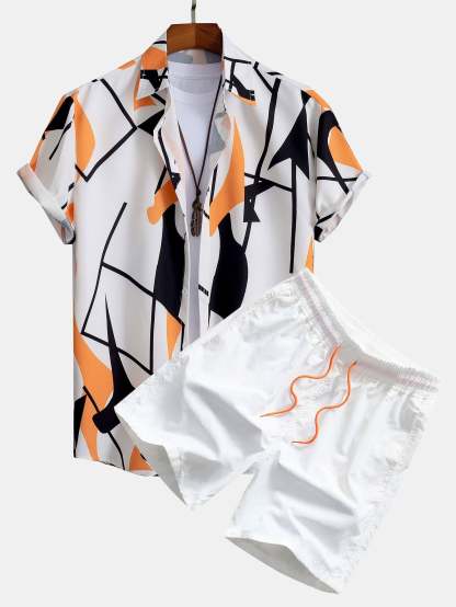 Color Block Abstract Print Button Up Shirt & Swim Shorts-Mitchell Shoes