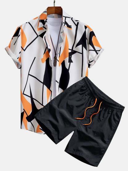 Color Block Abstract Print Button Up Shirt & Swim Shorts-Mitchell Shoes