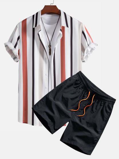 Striped Button Up Shirt & Swim Shorts-Mitchell Shoes