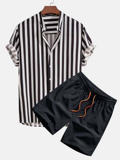 Striped Stand Collar Shirt & Swim Shorts-Mitchell Shoes