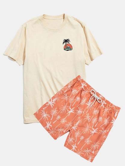 Skeleton On Vacation Graphic T-Shirts & Palm Tree Print Swim Shorts-Mitchell Shoes