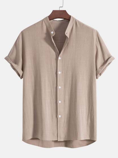 Linen And Rayon Blend Stand Collar Shirt & Shorts-Mitchell Shoes
