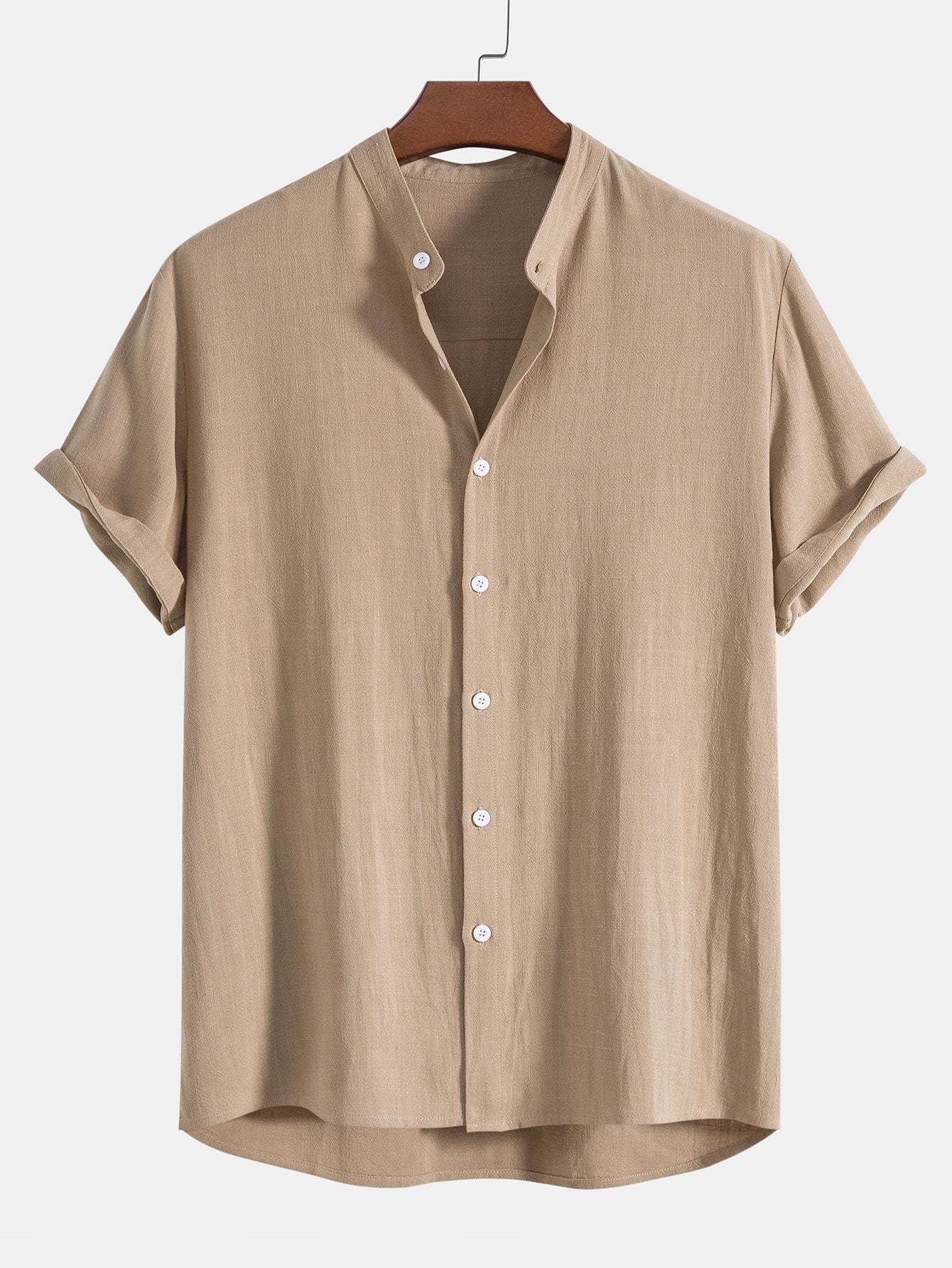 Linen And Rayon Blend Stand Collar Shirt & Linen Cotton Blend Drawstring Shorts-Mitchell Shoes