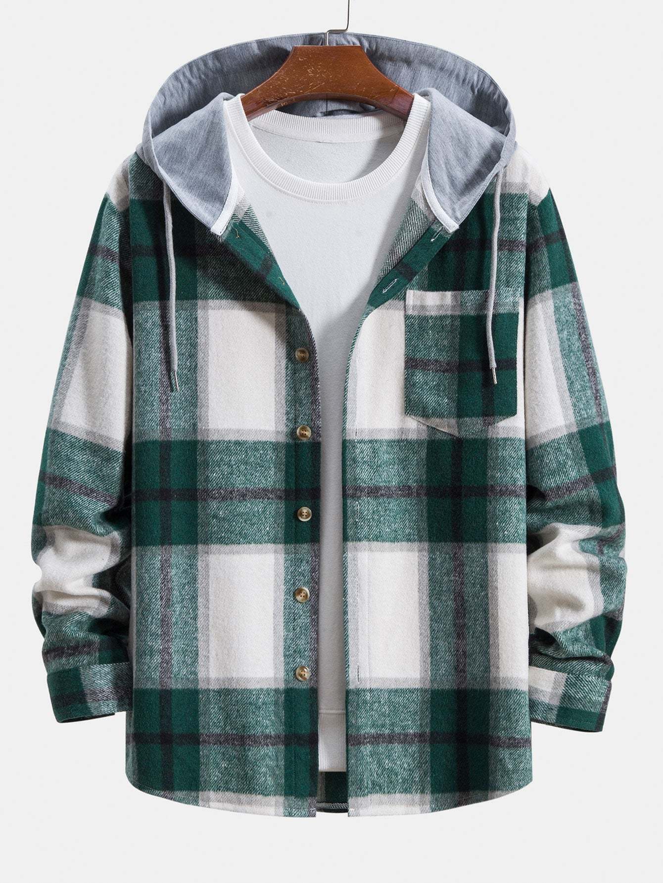 Contrast Flannel Plaid Hooded Overshirt-Mitchell Shoes