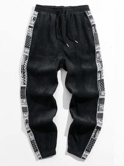 Gothic Los Angeles Print Washed Distressed Drop Shoulder T-Shirt & Corduroy Paisley Print Panel Pants-Mitchell Shoes