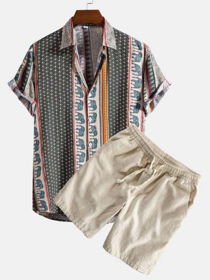 Elephant Geometric Print Shirt & Linen Cotton Blend Drawstring Shorts-Mitchell Shoes
