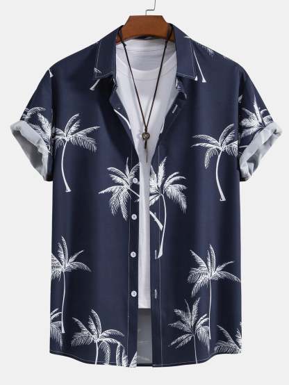 Palm Tree Print Button Up Shirt & Linen Cotton Blend Cropped Pants-Mitchell Shoes