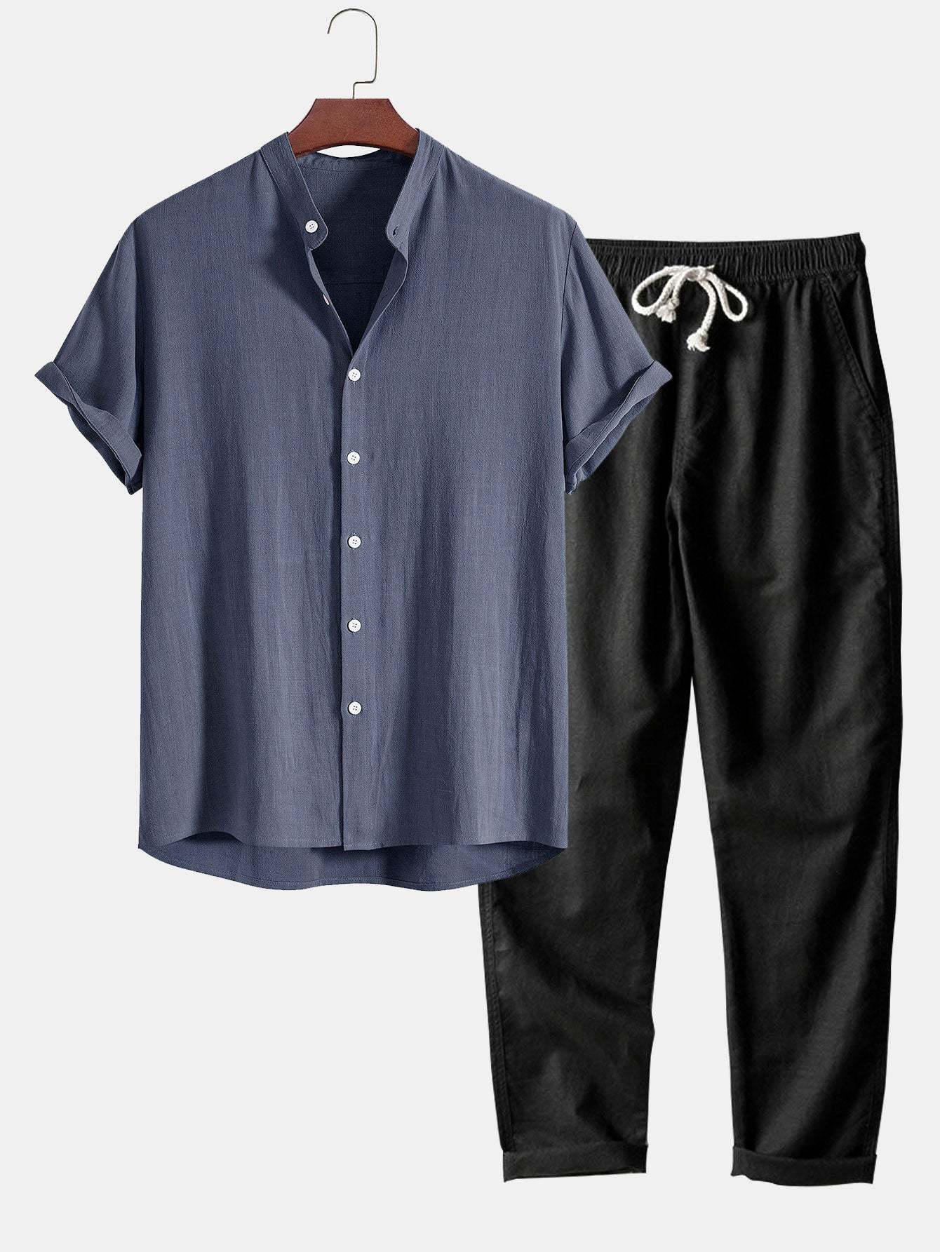 Linen And Rayon Blend Stand Collar Shirt & Straight Leg Linen Pants-Mitchell Shoes