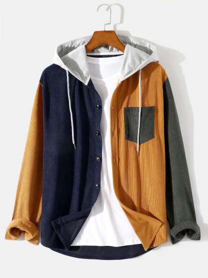 Long Sleeve Color Block Hooded Corduroy Overshirt-Mitchell Shoes