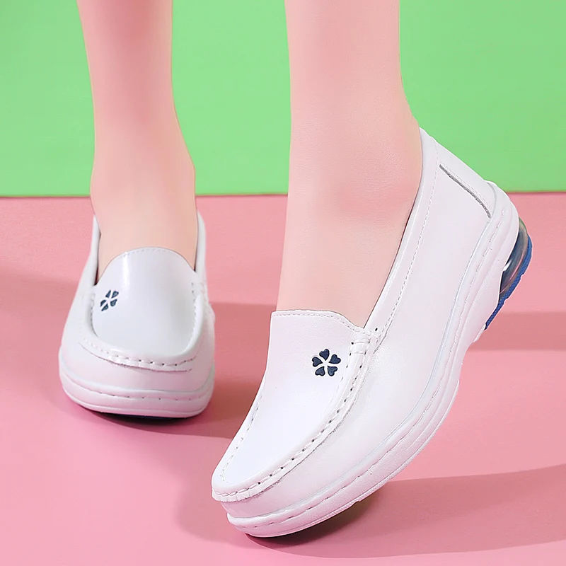 Women Nurse White Leather Slip Shoes