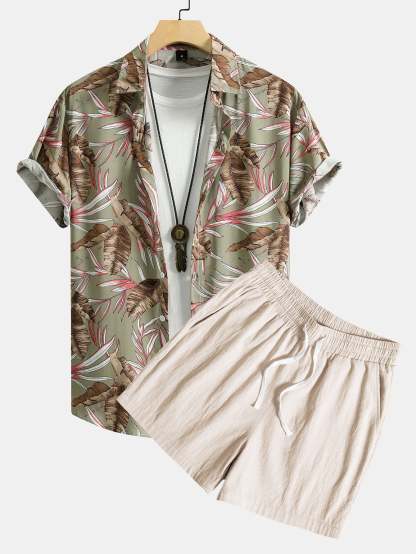 Viscose Tropical Print Button Up Shirt & Textured Cotton 5" Shorts-Mitchell Shoes