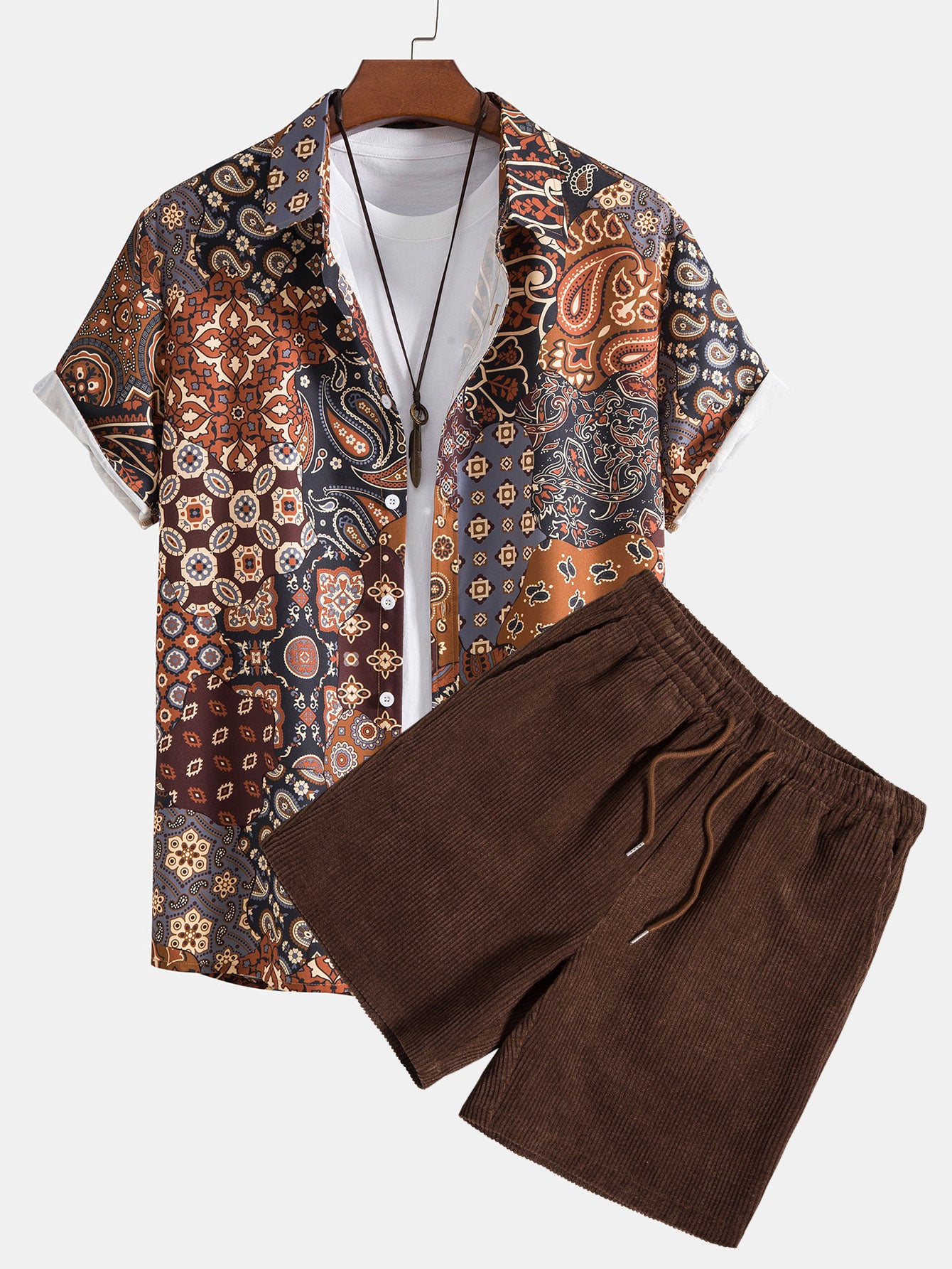 Paisley Patchwork Print Button Up Shirt & Corduroy Shorts-Mitchell Shoes