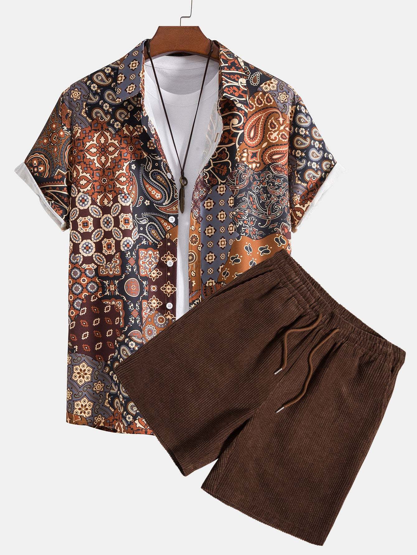 Paisley Patchwork Print Button Up Shirt & Corduroy Shorts-Mitchell Shoes