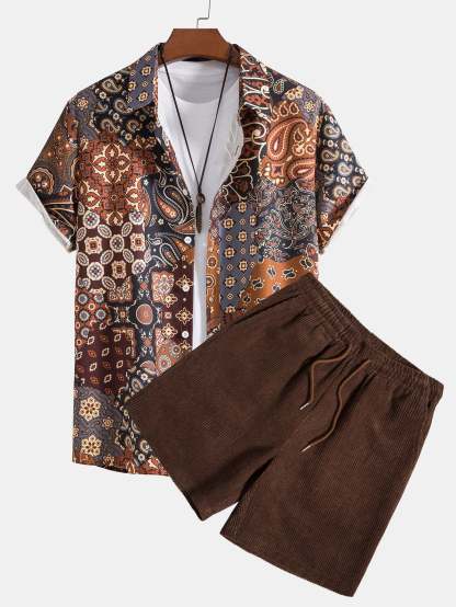 Paisley Patchwork Print Button Up Shirt & Corduroy Shorts-Mitchell Shoes