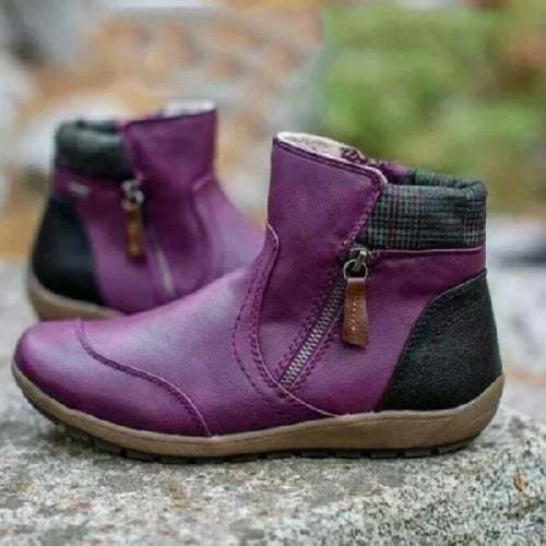 Women Vintage Round Toe Waterproof Zipper Ankle Boots