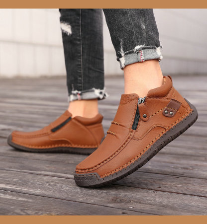 Men's Brown Faux Leather Ankle Boots with Side Zipper Outdoor Boots for Work