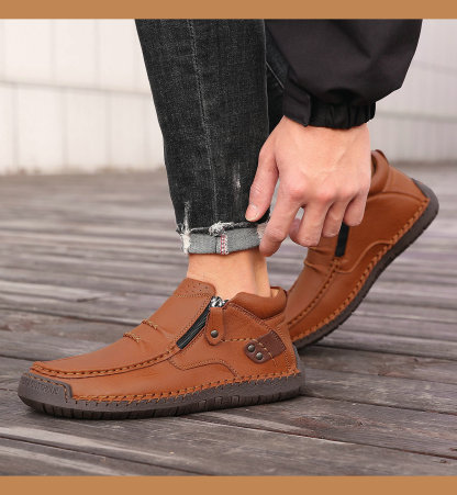 Men's Brown Faux Leather Ankle Boots with Side Zipper Outdoor Boots for Work