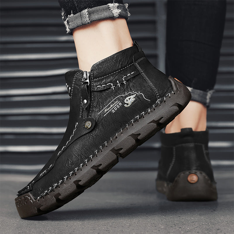 Men's Hand-Stitched Genuine Leather Biker Boots