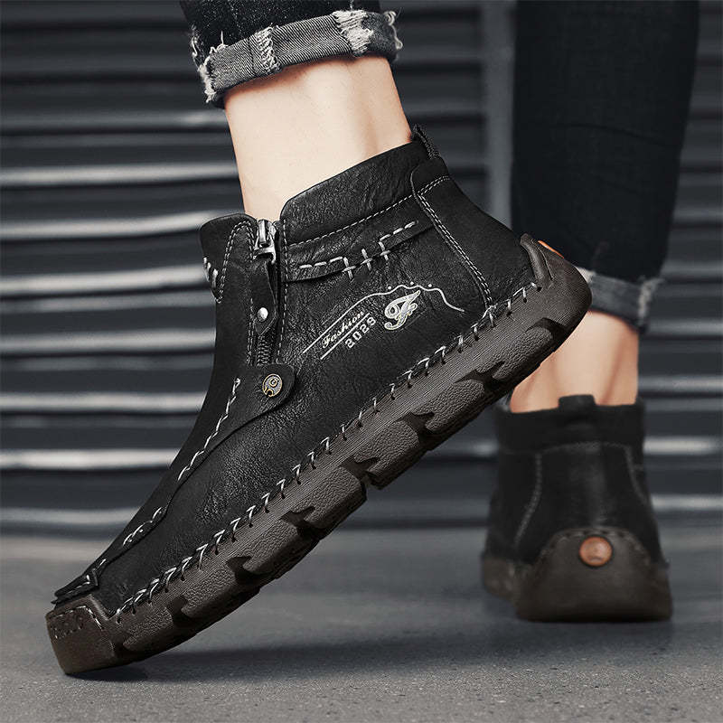 Men's Hand-Stitched Genuine Leather Biker Boots