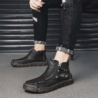Men's Hand-Stitched Genuine Leather Biker Boots