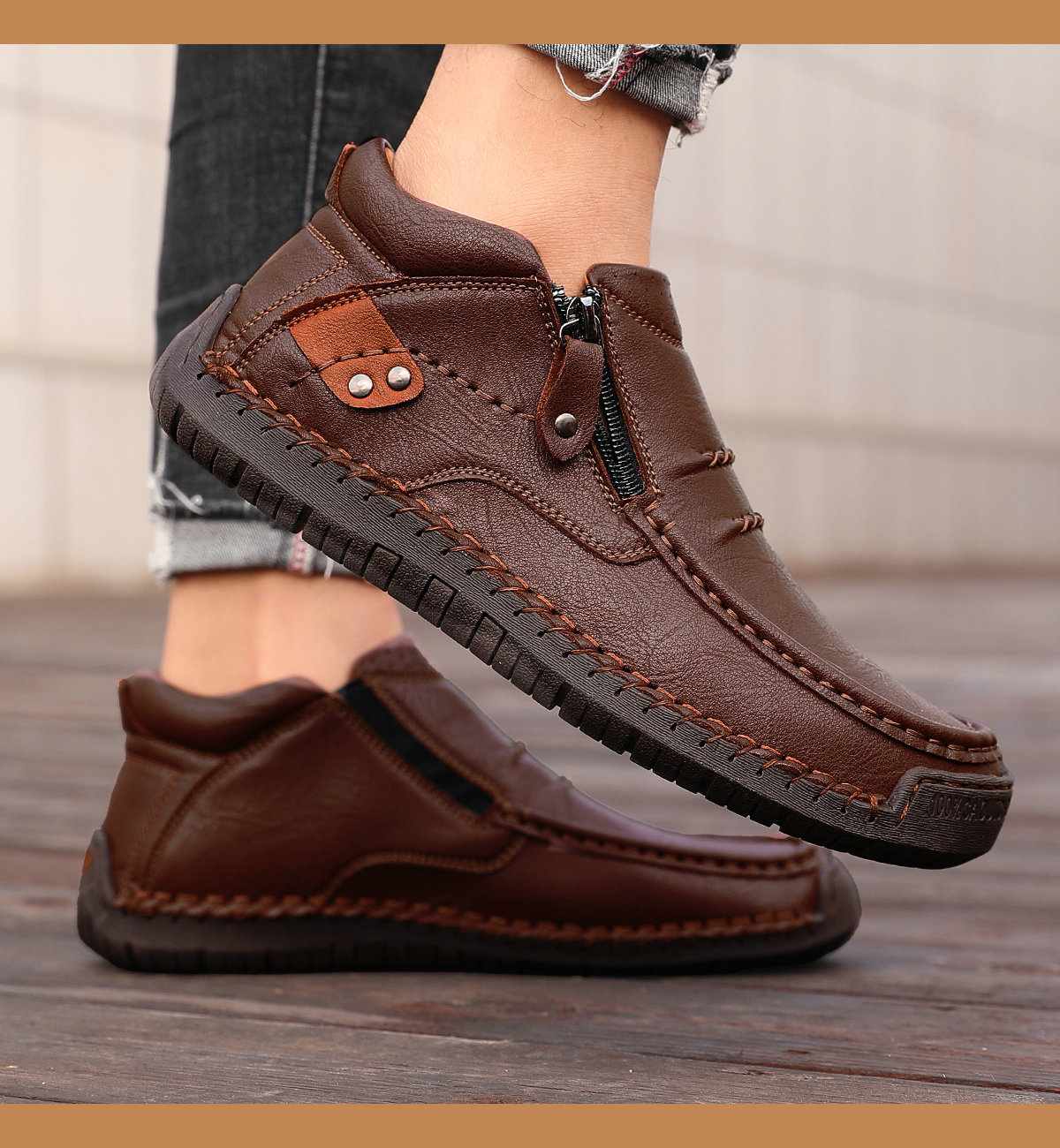 Men's Brown Faux Leather Ankle Boots with Side Zipper Outdoor Boots for Work