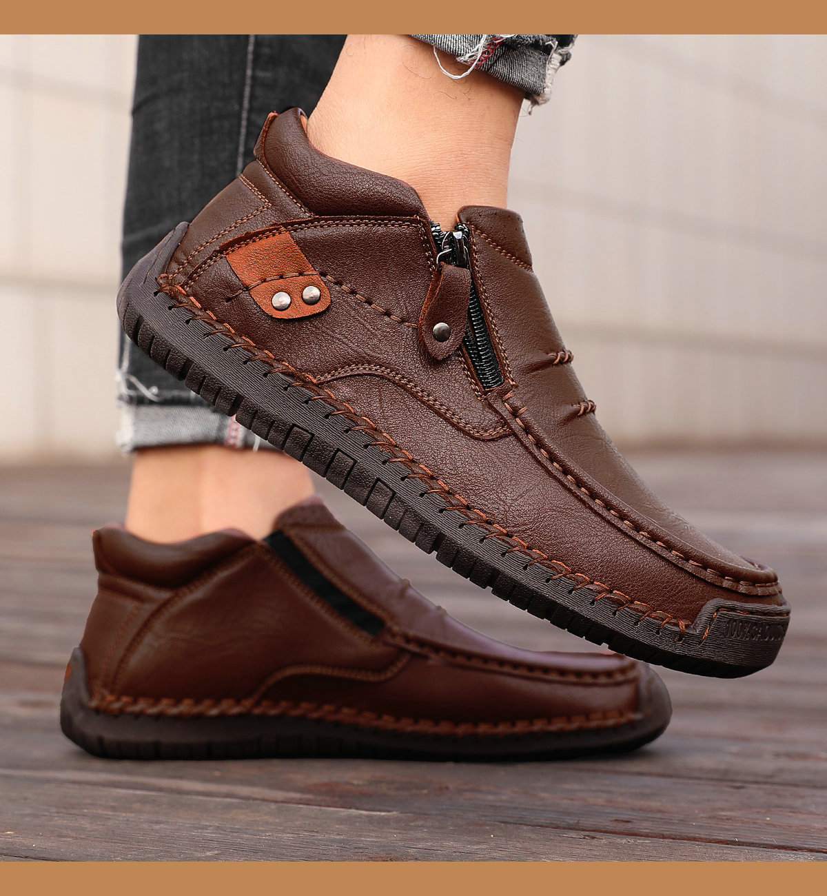Men's Brown Faux Leather Ankle Boots with Side Zipper Outdoor Boots for Work