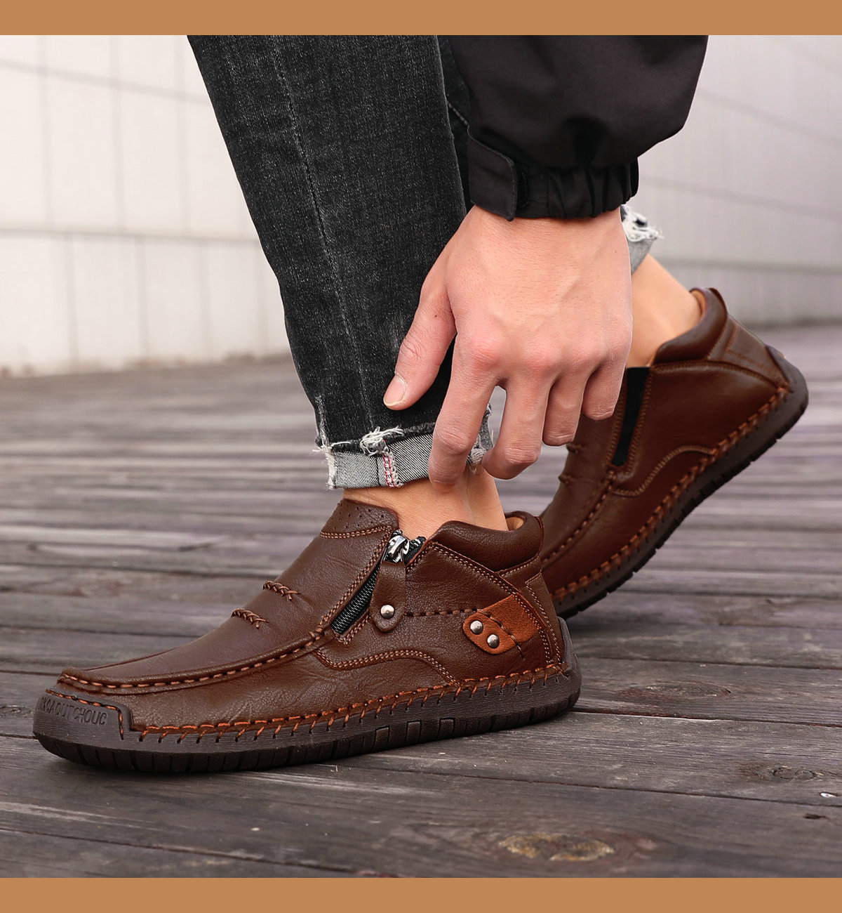 Men's Brown Faux Leather Ankle Boots with Side Zipper Outdoor Boots for Work