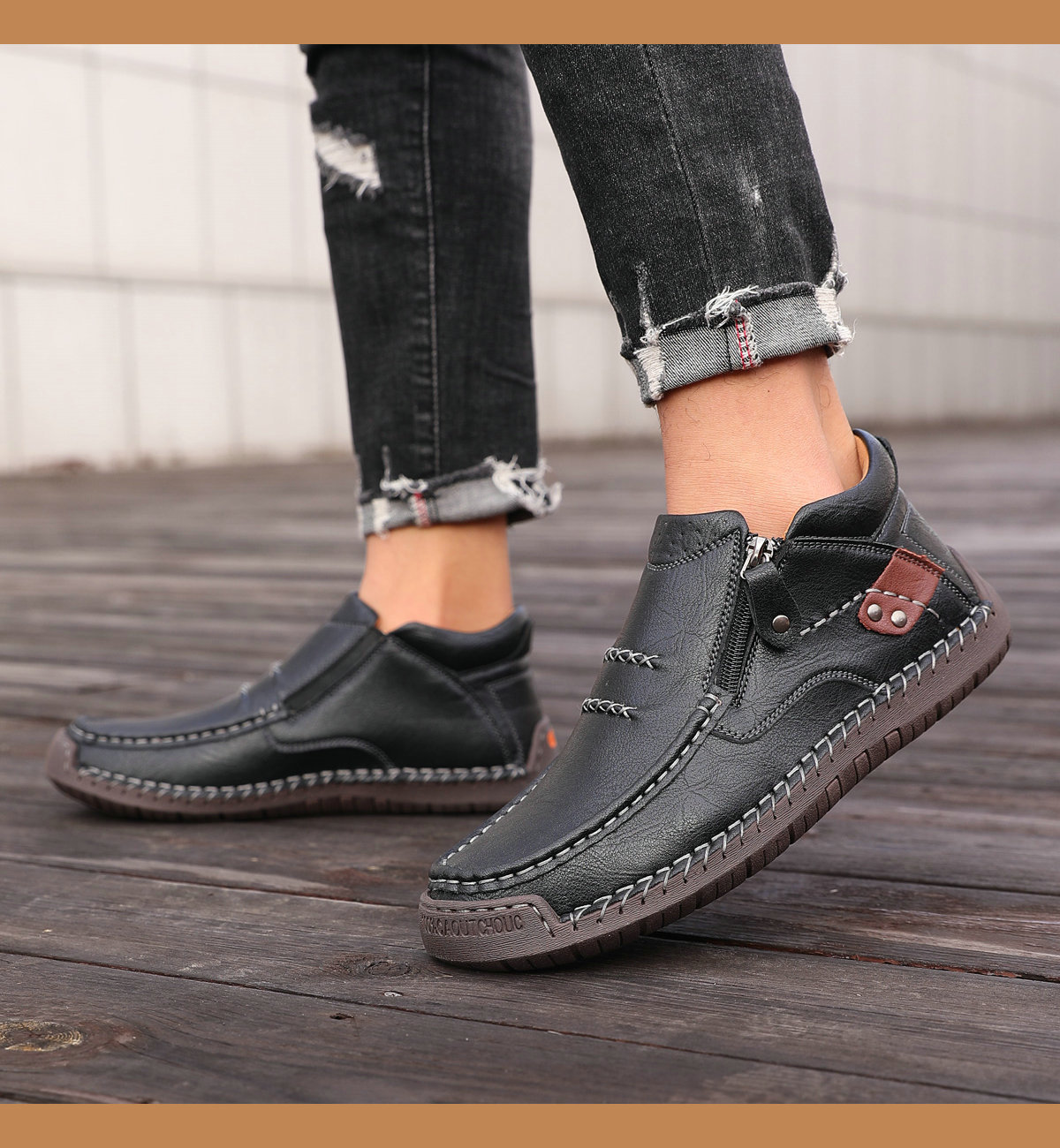 Men's Brown Faux Leather Ankle Boots with Side Zipper Outdoor Boots for Work