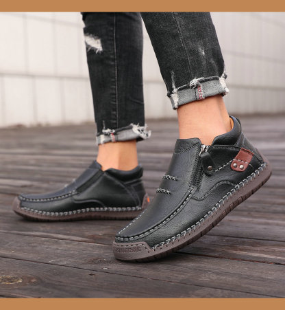 Men's Brown Faux Leather Ankle Boots with Side Zipper Outdoor Boots for Work