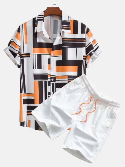 Geometric Print Button Up Shirt & Swim Shorts-Mitchell Shoes