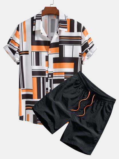 Geometric Print Button Up Shirt & Swim Shorts-Mitchell Shoes
