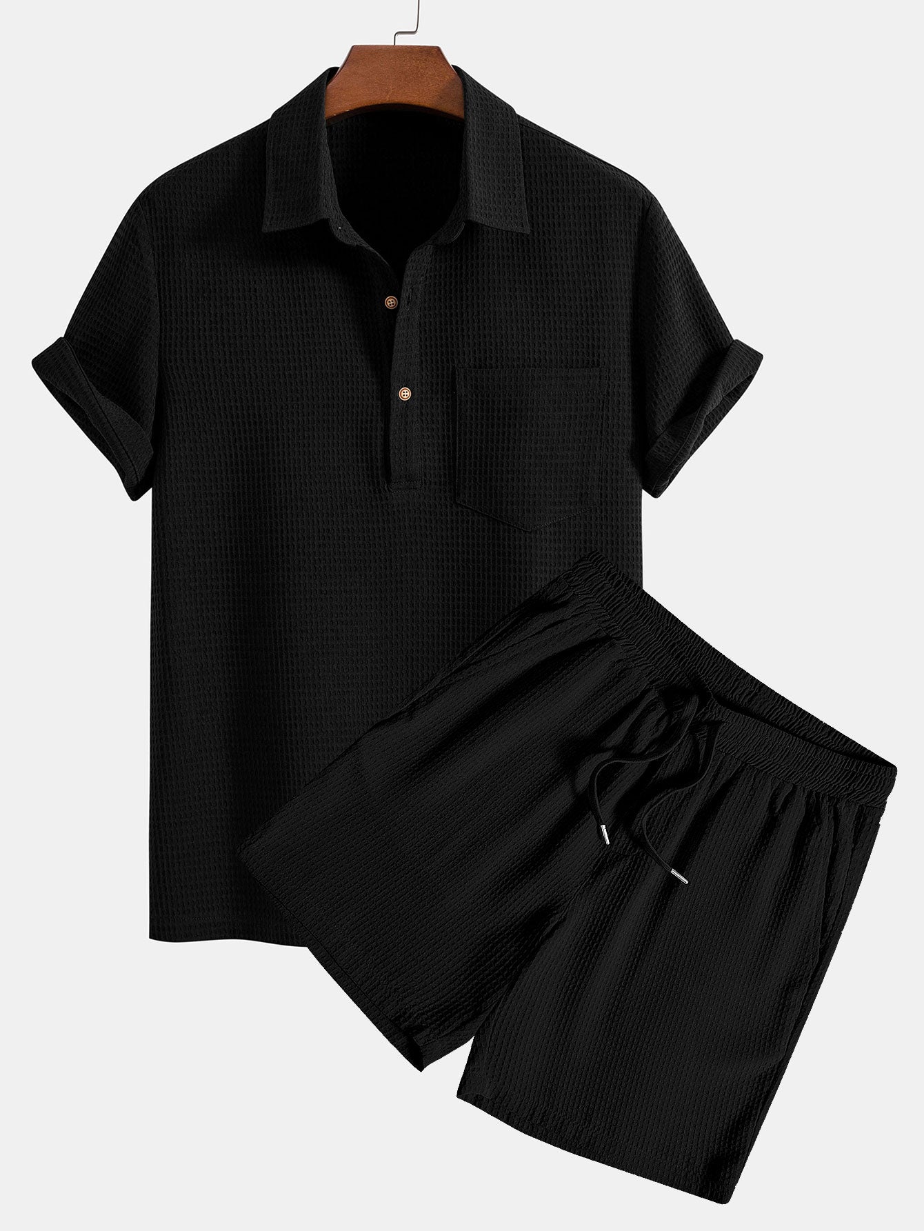 Waffle Polo Collar Shirt With Pocket & Waffle Shorts-Mitchell Shoes