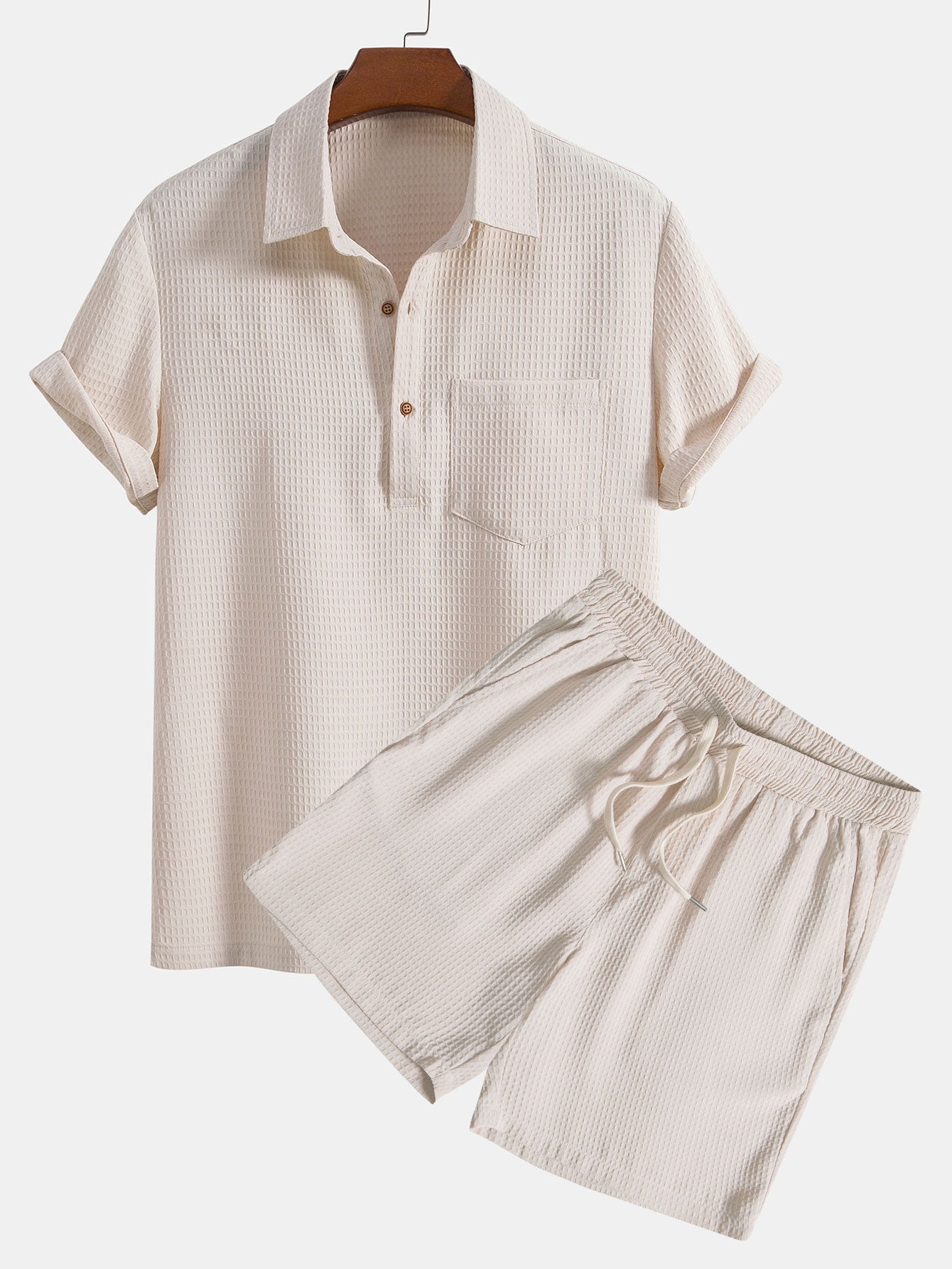Waffle Polo Collar Shirt With Pocket & Waffle Shorts-Mitchell Shoes