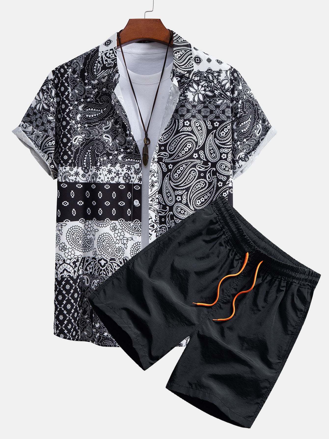 Paisley Floral Patchwork Print Button Up Shirt & Swim Shorts-Mitchell Shoes