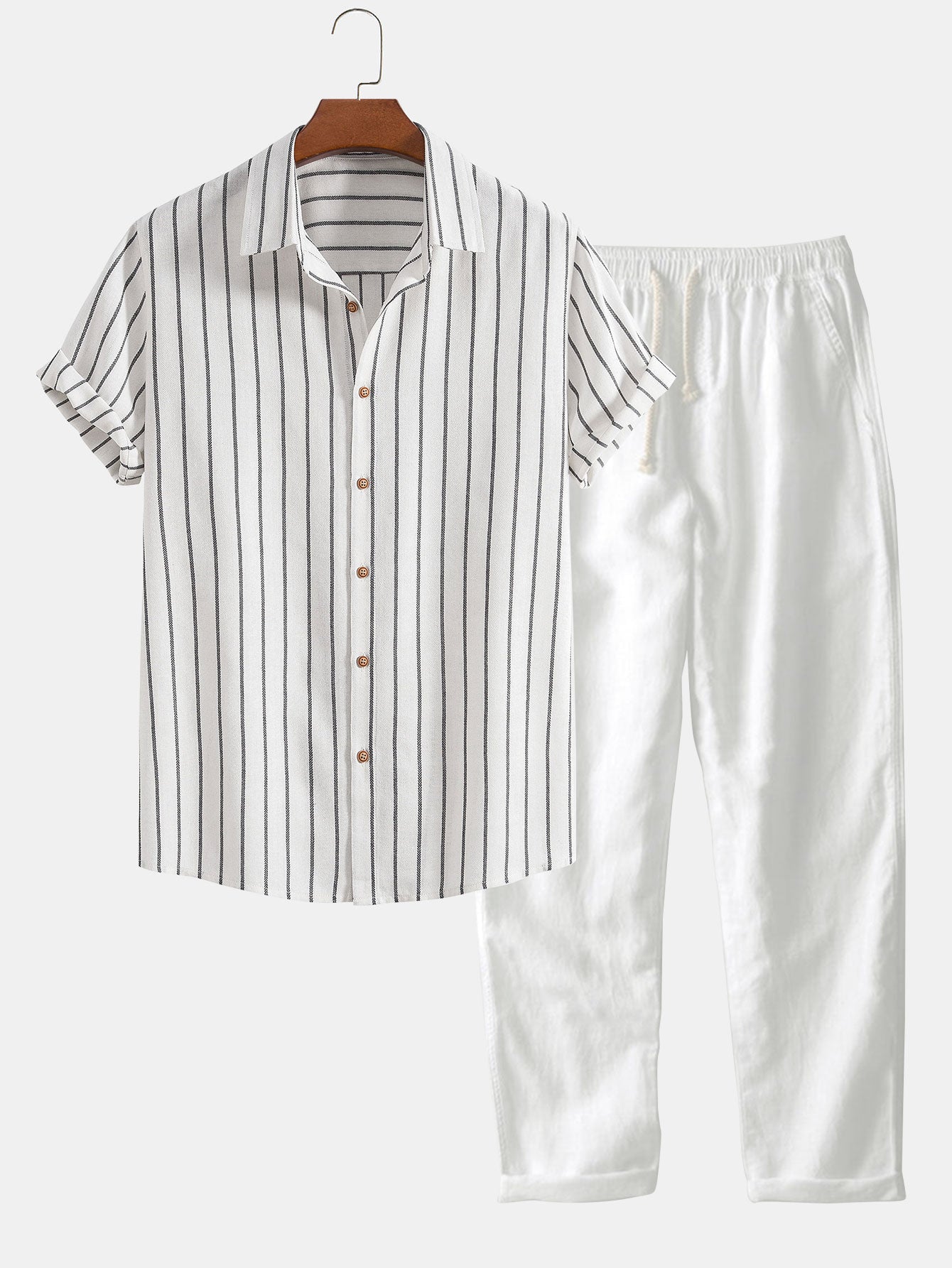Cotton Blend Striped Button Up Shirt & Straight Leg Linen Pants-Mitchell Shoes